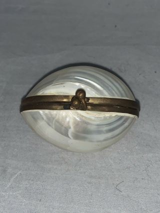 Antique Mother Of Pearl Shell Brass Hinged Snuff Box Container Seashell Trinket