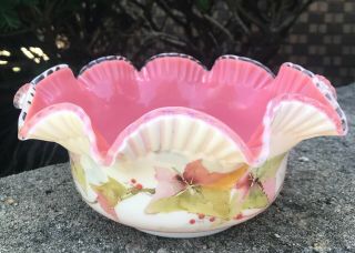 Antique Victorian Pink Ruffled Cased Glass Brides Bowl With Hand Painted Ivy