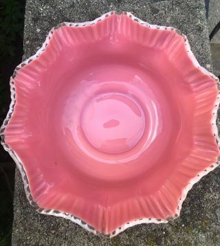 Antique Victorian Pink Ruffled Cased Glass Brides Bowl with Hand Painted Ivy 2