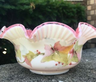 Antique Victorian Pink Ruffled Cased Glass Brides Bowl with Hand Painted Ivy 3