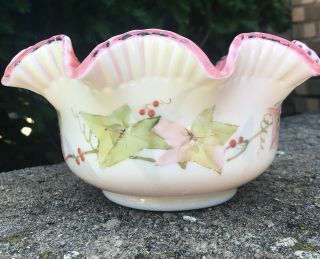 Antique Victorian Pink Ruffled Cased Glass Brides Bowl with Hand Painted Ivy 4