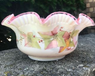Antique Victorian Pink Ruffled Cased Glass Brides Bowl with Hand Painted Ivy 5