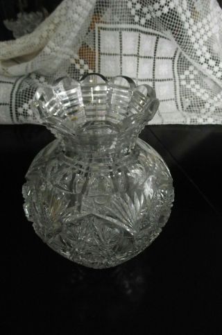 Antique Abp American Brilliant Cut Glass Flower Center Vase,  10 " Diameter,  8 " Tall