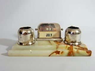Antique Art Deco Marble Onyx Stone Chome Desk Perpetual Calendar Inkwell Set Pen
