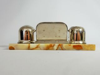 Antique Art Deco Marble Onyx Stone Chome Desk Perpetual Calendar Inkwell Set Pen 5