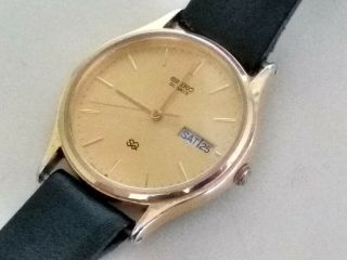 Vintage 90s Seiko Sq 5h23 Gold Tone Quartz Gents Watch Dress 34mm Day Date Runs