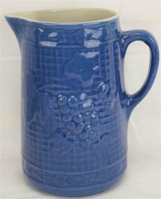 Vintage Antique Uhl Blue Grape Trellis Stoneware 8 1/4 " Tall Pitcher