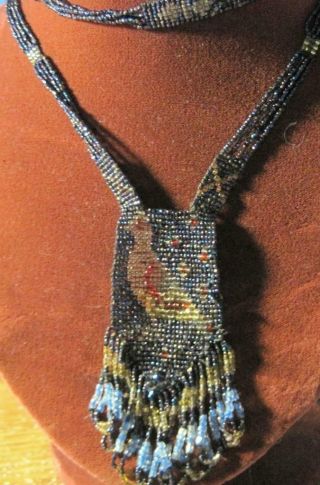antique Art Deco Woven Bead Flapper Necklace Partridge design carnival glass 2