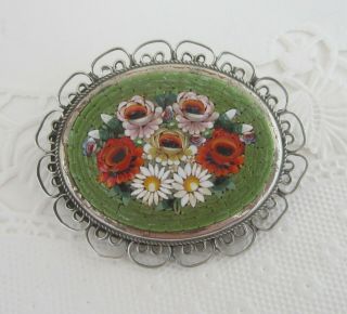Pretty Vintage Green Micro Mosaic Oval Floral Brooch Set In Silver Antique Pin