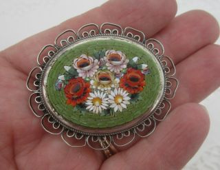 Pretty Vintage Green Micro Mosaic Oval Floral Brooch Set in Silver Antique Pin 3