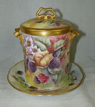 Antique Rosenthal Porcelain Carmen Hand - Painted Berries Condensed Milk Jar