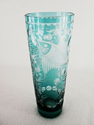 Rare Antique Baccarat Turquoise Crystal Glass Vase W/ Etched Fishes & Seaweed