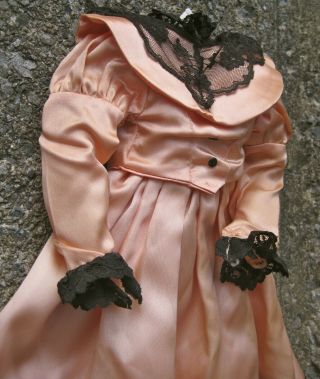 Antique Style French Fashion Doll Dress 4 19 " Peach Silk & Black Lace Trim