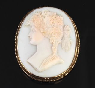 Antique Edwardian 9ct Gold Brooch With Carved Shell Cameo Of Classical Female