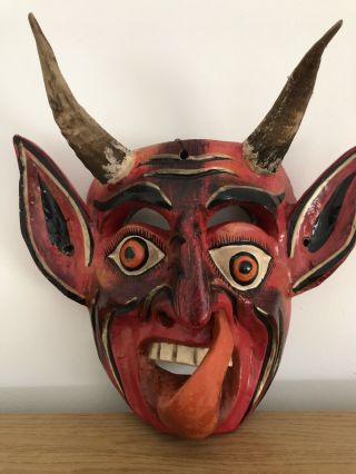 Antique Wooden Devil African Tribal Mask Hand Carved Mexican Wood Face