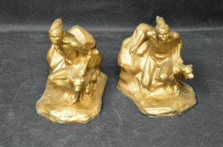 Antique Vintage Cast Iron Bronze Indian With Dog Bookends
