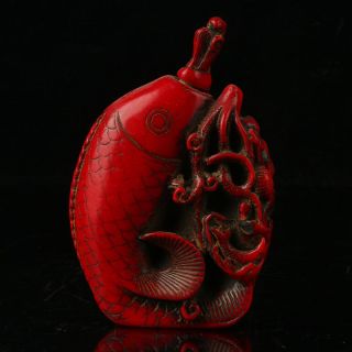 China Exquisite Red Coral Hand Carved Fish & Lotus Snuff Bottle M850