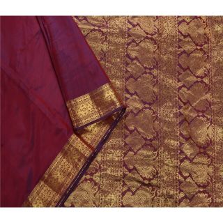 Sanskriti Vintage Dark Red Saree Pure Silk Zari Woven Craft 5 Yd Fabric Sari