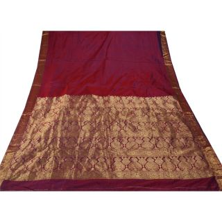 Sanskriti Vintage Dark Red Saree Pure Silk Zari Woven Craft 5 Yd Fabric Sari 4
