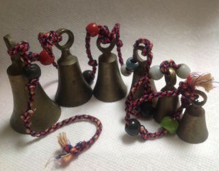 Vintage Antique Brass Bells On Colored Cord With Glass Beads Set Of 6 - 35 " Long