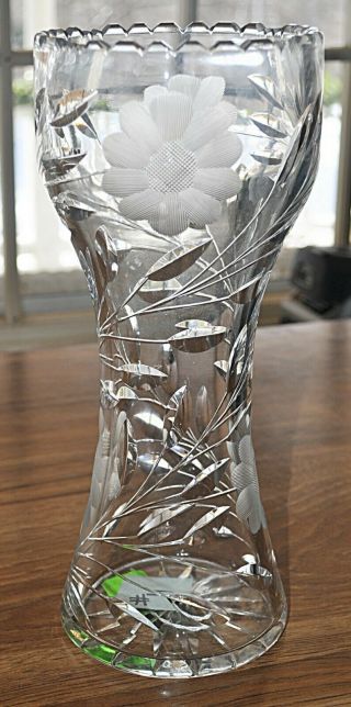 Antique American Brilliant Cut Glass Tall Vase,  4 Floral Motifs,  Round Top Rim