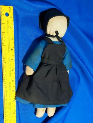Cloth Amish Woman Lady Rag Doll Vtg - Antique Handmade Blue Black Bonnet