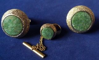 Vintage Gold Tone 3/4 " Round Green Marble Cufflinks & Tie Tack