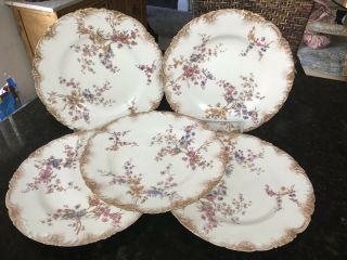 5 Antique Royal Crown Derby Floral Scalloped Lunch Plates C1850