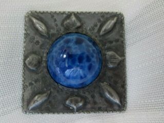 Antique Victorian Pewter Mottled Agate Glass Ruskin Arts & Crafts Brooch Pin
