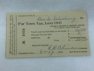 Antique Assessors Valuation Receipt 1911 Plainfield Ct 25330 Tax Levy