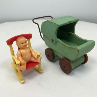Vintage Wooden Dollhouse Buggy And Renwal Rocker And Baby