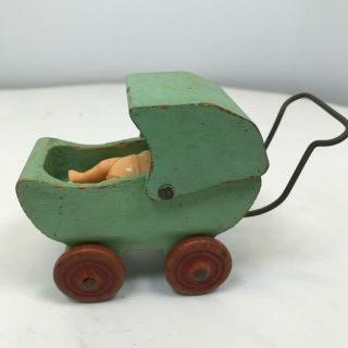 Vintage Wooden Dollhouse Buggy And Renwal Rocker And Baby 4