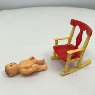 Vintage Wooden Dollhouse Buggy And Renwal Rocker And Baby 5