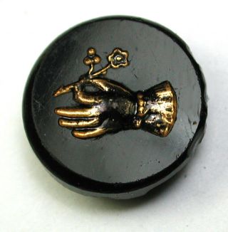 Antique Black Glass Button Hand Holding Flowers W Gold Luster 5/8 "
