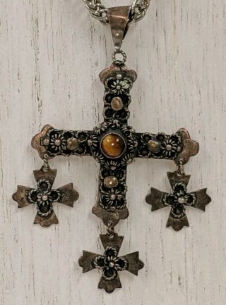 Antique Taxco Cross Pendant With Tiger Eye Marked 925 Sterling Silver Mexico Jcb