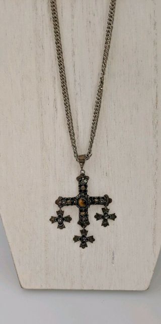 Antique Taxco Cross Pendant With Tiger Eye Marked 925 Sterling Silver Mexico JCB 6