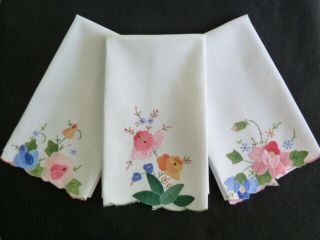 3 Vintage Guest Hand Towels With Floral Applique 22 " X 14 "