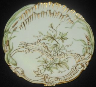 Antique Hand Painted Gold Scrolled Plate Cat Tails And Ivy