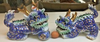 Vintage Large Foo Dogs Set Of 2,  Blue & Gold Ceramic Foo Dogs Dragon Dog Shi Shi
