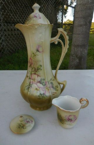 Antique Hand Painted Nippon Apple Blossom Floral Teapot Chocolate Pot & Creamer