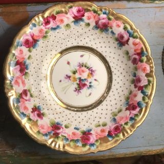 Gorgeous Antique Nippon Hand Painted Gold Dot Roses Serving Bowl Signed