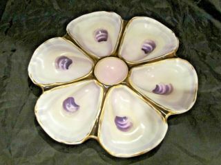 Antique Majolica Pale Pink And Purple Oyster Plate With Sea Shell