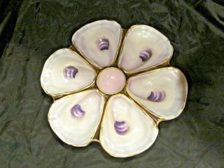 ANTIQUE MAJOLICA PALE PINK And PURPLE OYSTER PLATE WITH SEA SHELL 2