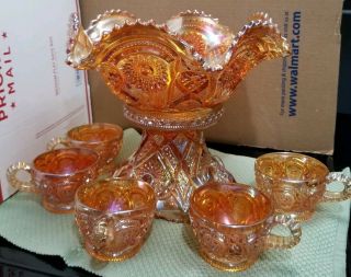 Antique 1910 Marigold Carnival Fashion Punch Bowl Set By Imperial Glass