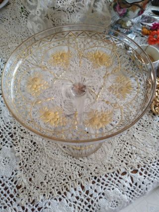 Antique Moser Intaglio Etched Gold Gilt Glass Compote 6.  5 "