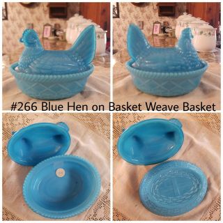 Blue Hen On Basket Weave Basket Antique/vintage Milk Glass Covered Dish