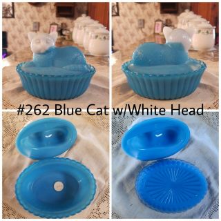 Blue Cat With White Head Antique/vintage Milk Glass Covered Dish