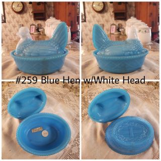 Blue Hen With White Head Antique/vintage Milk Glass Covered Dish