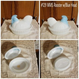 Rooster W/light Blue Head Antique/vintage Milk Glass Covered Dish