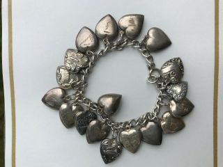 Antique Vintage Silver Charm Bracelet Hearts Engraved With Names